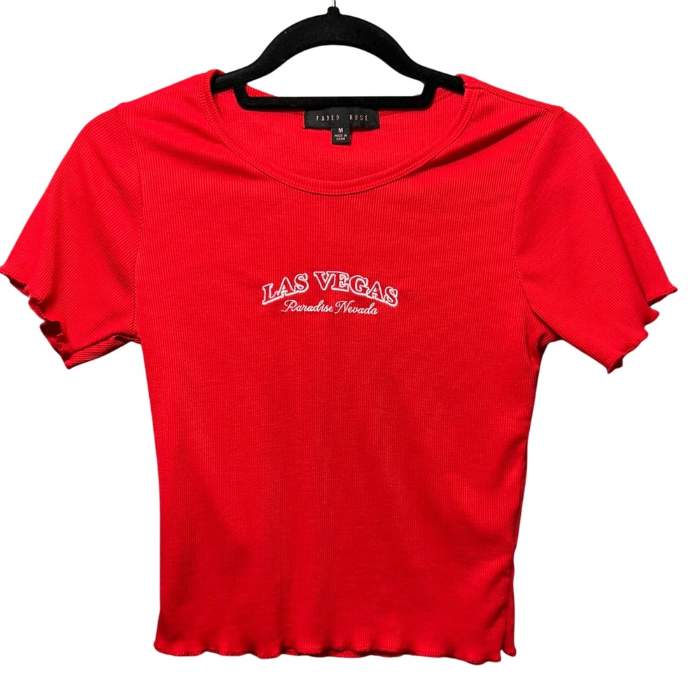 Faded‎ Rose Las Vegas Baby Tee Size M Red Lettuce Hem Ribbed Y2K Crop Top
